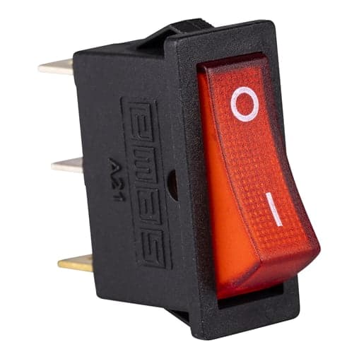 Interruptor basculante (rocker) EMAS A21B1K11 · ON-OFF 3 pines delgado rojo
