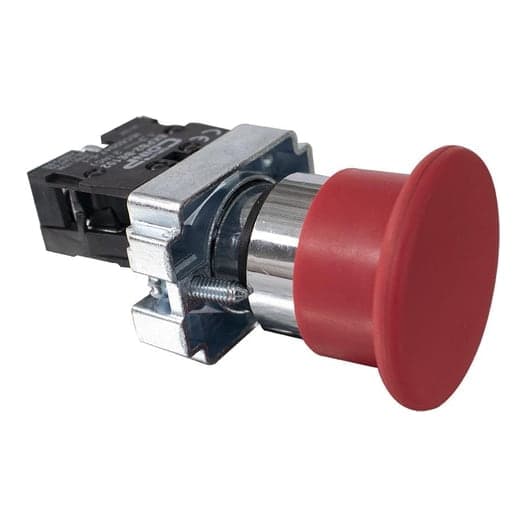 Pulsador parada emergencia metal · Ø22mm hongo 40mm rojo 1NC T. seta con retorno (GEN-EKPB2-BC42)