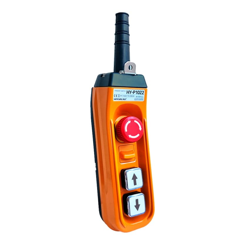 Botonera para tecle HANYOUNG NUX HY-P1022SB · 2 pulsadores + parada de emergencia, con flechas