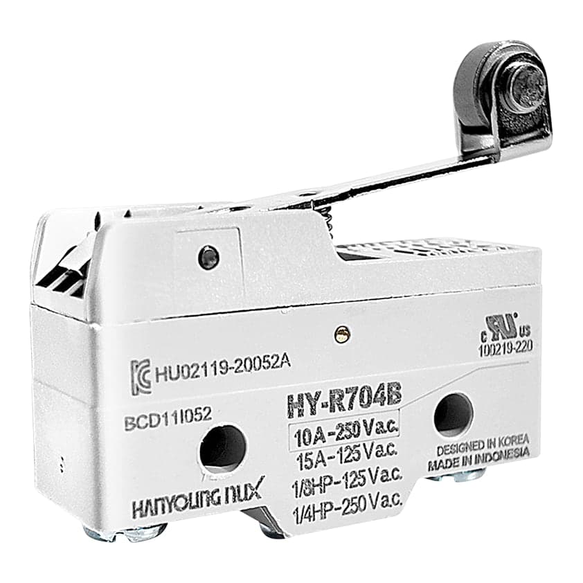 Imagen referencial de la serie: Microswitch HANYOUNG NUX HY-R704B · palanca mediana y roldana 10A 250VAC