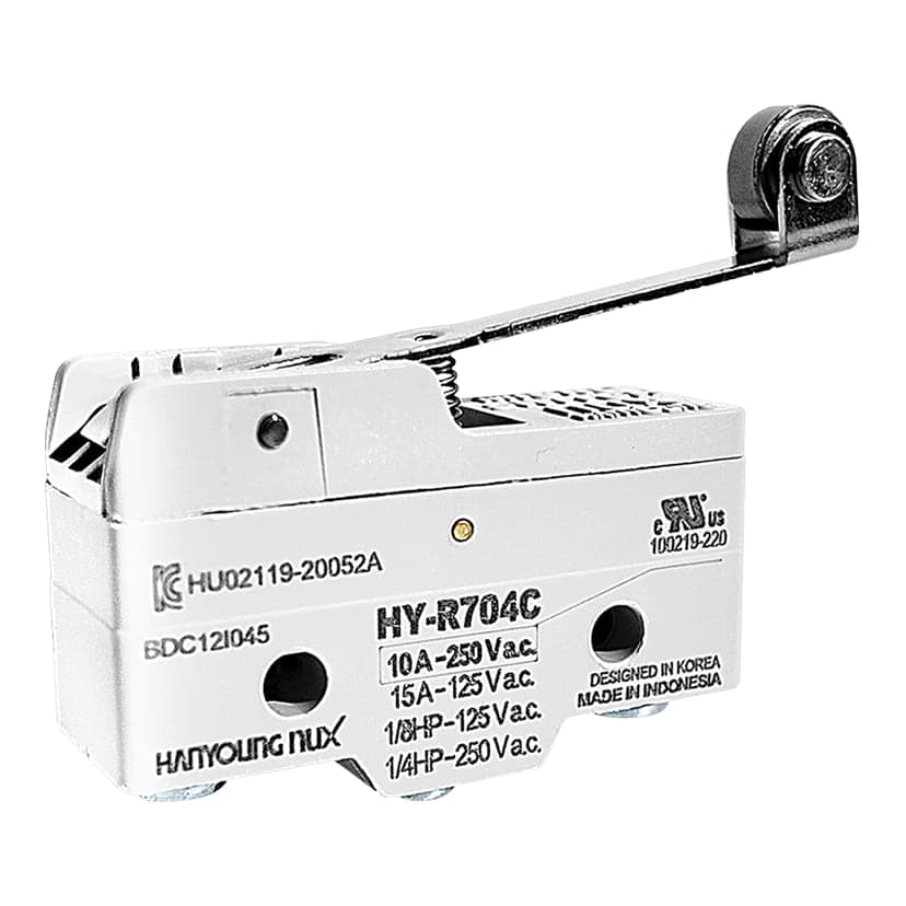 Imagen referencial de la serie: Microswitch HANYOUNG NUX HY-R704C · palanca larga y roldana 10A 250VAC