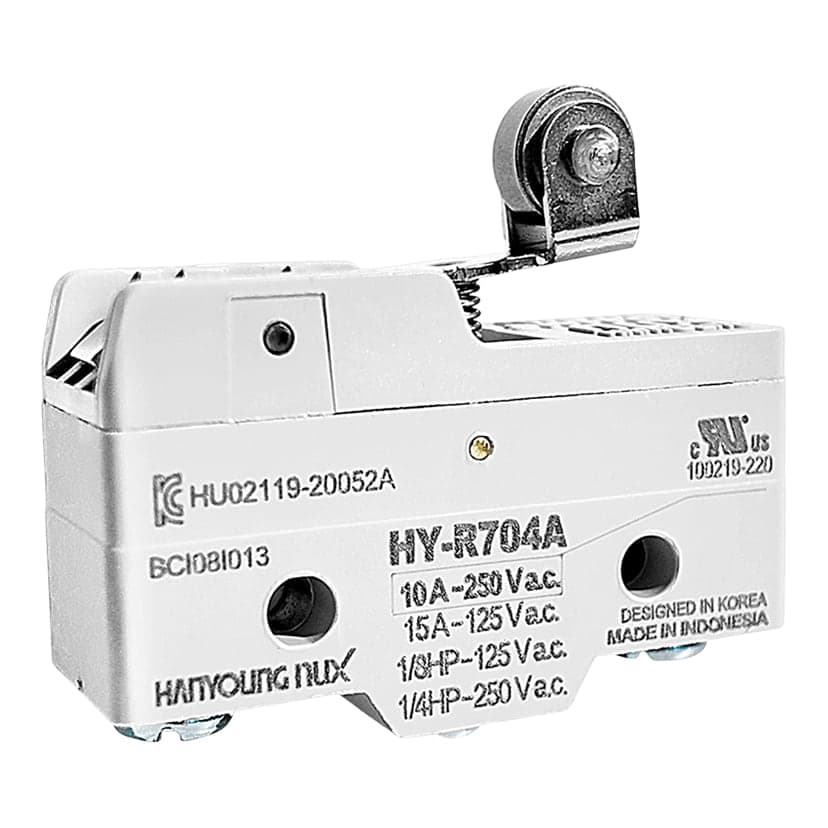 Imagen referencial de la serie: Microswitch HANYOUNG NUX HY-R704A · palanca corta y roldana 10A 250VAC