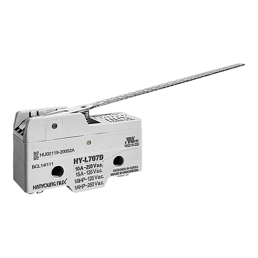 Microswitch HANYOUNG NUX HY-L707D · palanca extra larga 10A 250VAC