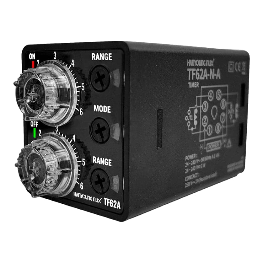 Imagen referencial de la serie: Temporizador cíclico doble HANYOUNG NUX TF62A-6N-A · 6s-6m-6h-60s-60m-60h 24–240V AC/DC