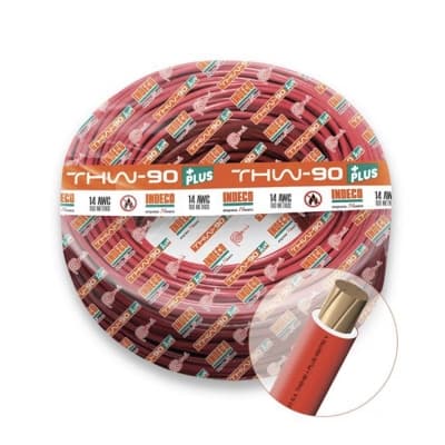 Cable INDECO · THW-90+Plus 14 AWG 750V aislamiento PVC rojo, clase 2, x rollo (rollo 100m) (INDECO-CABLE-750V-90-14AWG-2-ROJO)