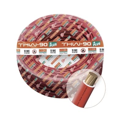 Cable INDECO · THW-90+Plus 10 AWG 750V aislamiento PVC rojo, clase 2, x rollo (rollo 100m) (INDECO-CABLE-750V-90-10AWG-2-ROJO)