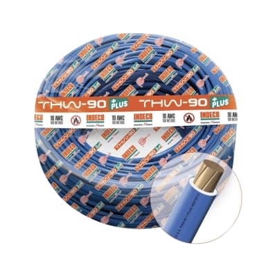 Cable INDECO · THW-90+Plus 10 AWG 750V aislamiento PVC azul, clase 2, x rollo (rollo 100m) (INDECO-CABLE-750V-90-10AWG-2-AZUL)