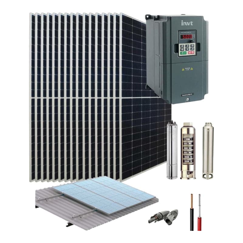 Kit bombeo solar para pozo INVT · 5HP 11kW 400V 45.36kWh/día (INVT-KIT-BOMBEO-5HP-11KW-400V-45.36KWH/DIA)