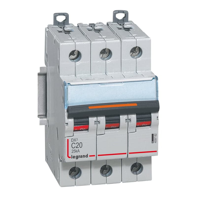 Interruptor termomagnético DIN LEGRAND 409782 · DX3 25kA C20, 3x20A, IEC 60947, 50kA/230VAC - 25kA/400VAC
