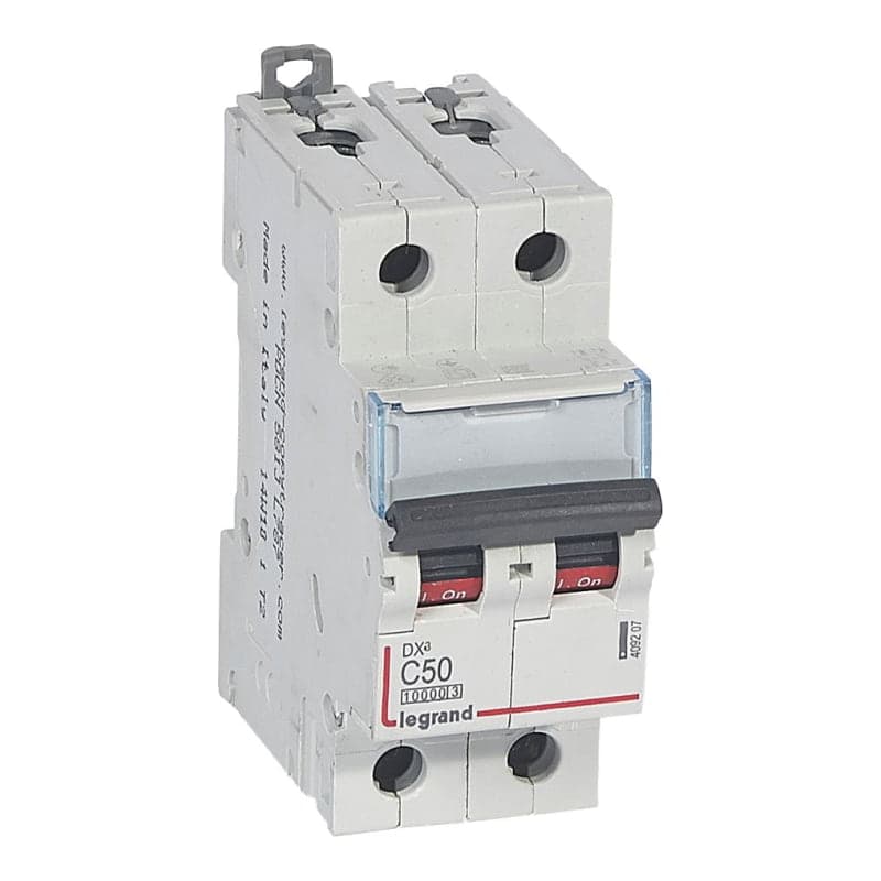 Interruptor termomagnético DIN LEGRAND 409207 · DX3 10000 C50, 2x50A, IEC 60947, 32kA/230VAC - 16kA/400VAC