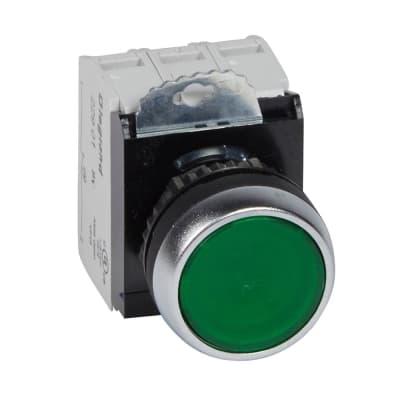 Botón pulsador LEGRAND 023759 · lum. rasante verde 230V AC-DC, con contac NA+NC, inc. lámpara LED
