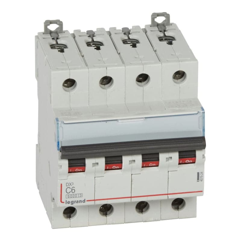 Interruptor termomagnético DIN LEGRAND 407924 · DX3 6000 C6, 4x6A, IEC 60947, 25kA/230VAC - 10kA/400VAC