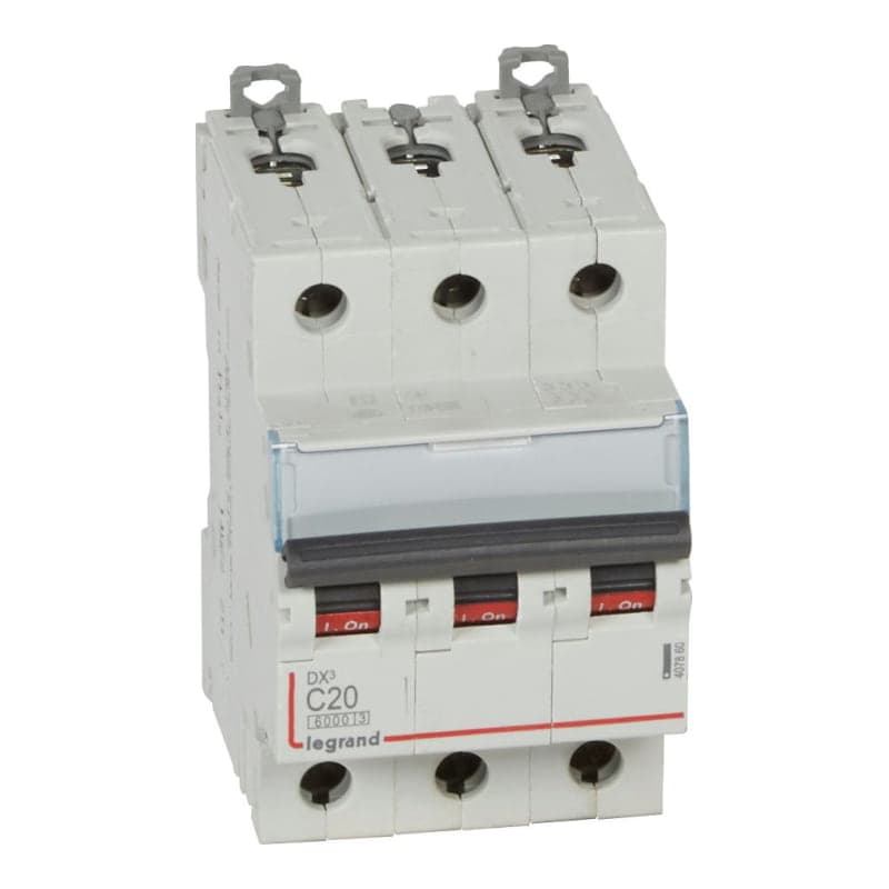 Interruptor termomagnético DIN LEGRAND 407860 · DX3 6000 C20, 3x20A, IEC 60947, 25kA/230VAC - 10kA/400VAC
