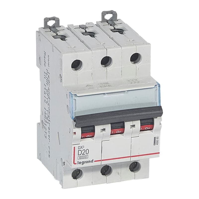 Interruptor termomagnético DIN LEGRAND 408090 · DX3 6000 D20, 3x20A, IEC 60947, 25kA/230VAC - 10kA/400VAC