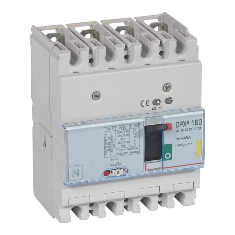 Interruptor termomagnético LEGRAND 420013 · DPX3 160 4P, regulable de 50.4A a 63A 16kA/380-415VAC