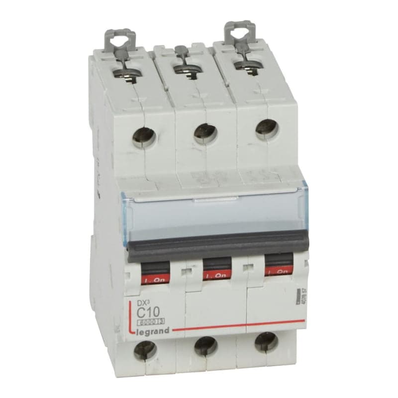 Interruptor termomagnético DIN LEGRAND 407857 · DX3 6000 C10, 3x10A, IEC 60947, 25kA/230VAC - 10kA/400VAC