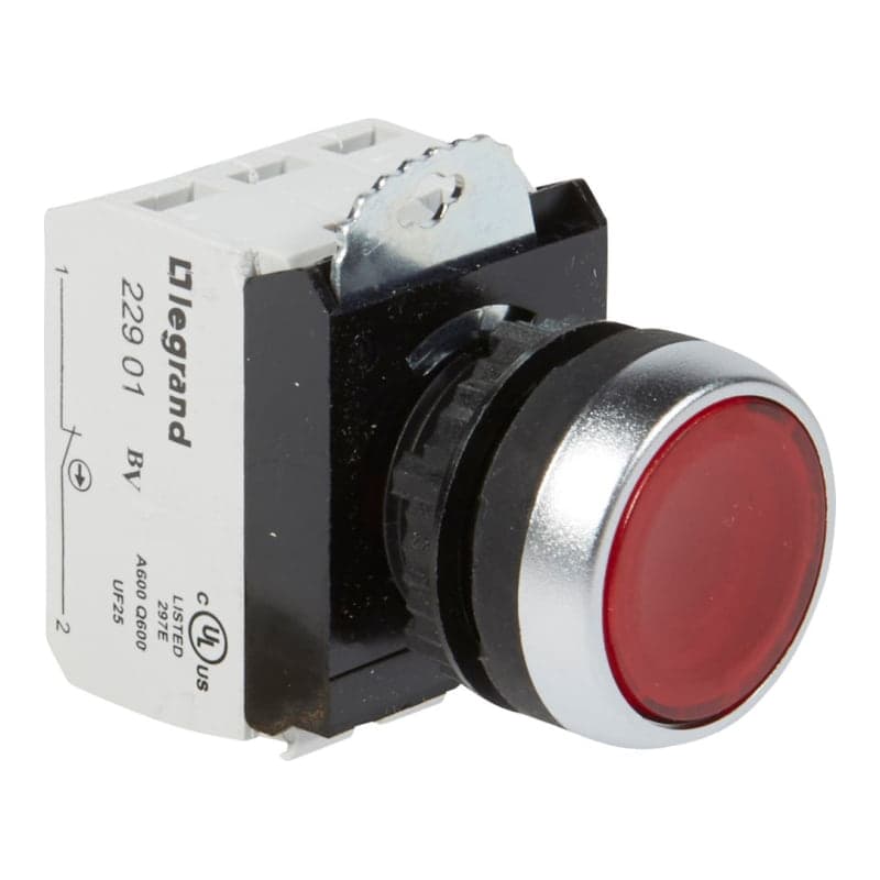 Botón pulsador LEGRAND 023758 · lum. rasante rojo 230V AC-DC, con contac NA+NC, inc. lámpara LED
