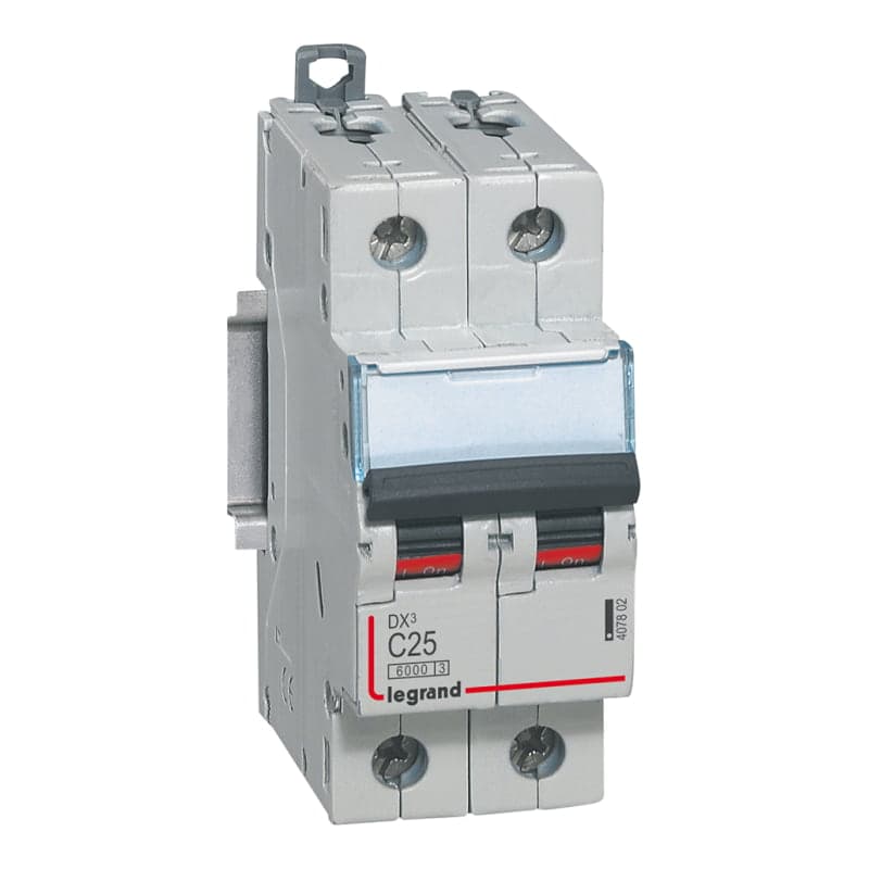 Interruptor termomagnético DIN LEGRAND 407802 · DX3 6000 C25, 2x25A, IEC 60947, 25kA/230VAC - 10kA/400VAC