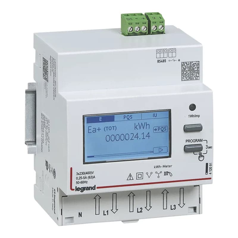 Contador trifásico de conexión directo LEGRAND 412093 · 63A, 4 mod. con salida rs 485