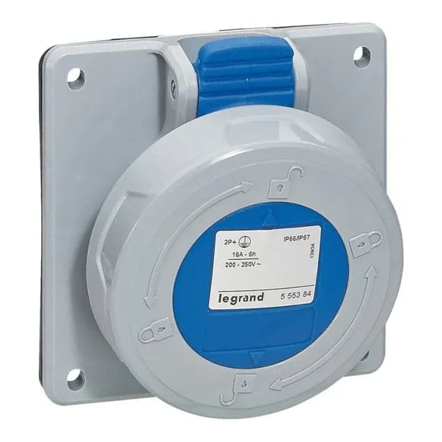 Imagen referencial de la serie: Toma de empotrar LEGRAND 555485 · 3P+T 32A 250VAC IP67 azul