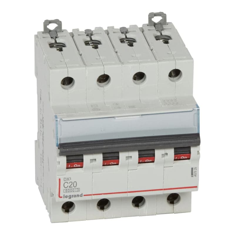 Interruptor termomagnético DIN LEGRAND 407929 · DX3 6000 C20, 4x20A, IEC 60947, 25kA/230VAC - 10kA/400VAC