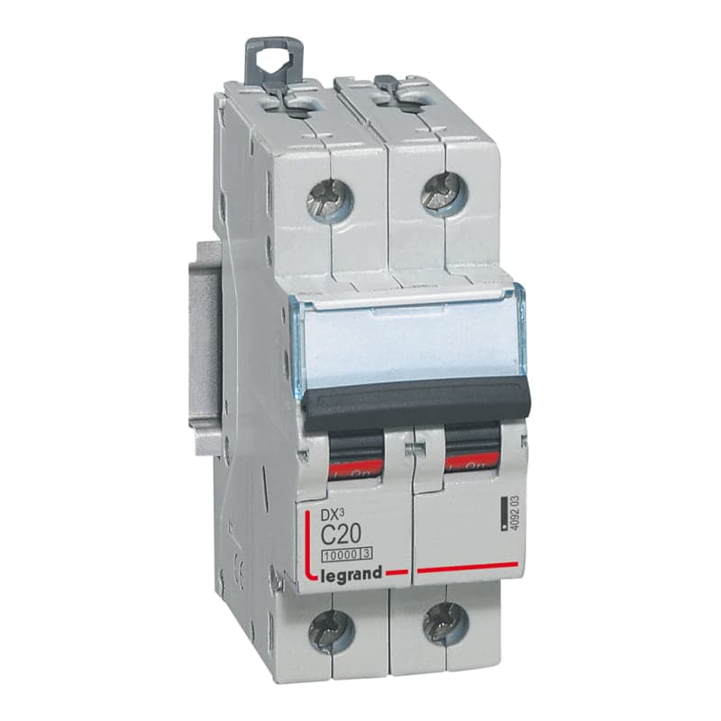Interruptor termomagnético DIN LEGRAND 409203 · DX3 10000 C20, 2x20A, IEC 60947, 32kA/230VAC - 16kA/400VAC