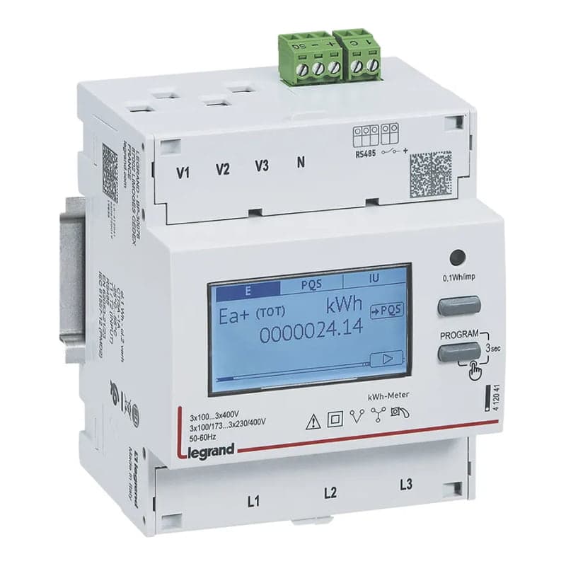 Contador de energía trifásico LEGRAND 412043 · 5A - 4 módulos - salida por impulso