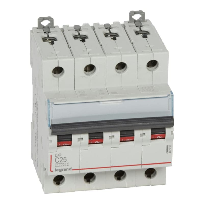 Interruptor termomagnético DIN LEGRAND 407930 · DX3 6000 C25, 4x25A, IEC 60947, 25kA/230VAC - 10kA/400VAC