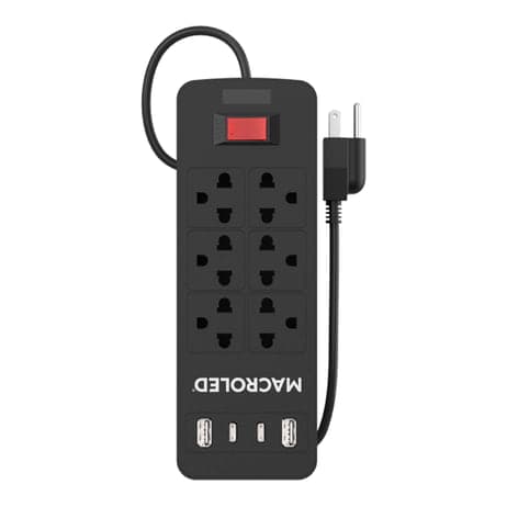 Imagen referencial de la serie: Supresor MACROLED SX6N-2USB+2USBC-1.5M · 6 tomas negro, 2 USB + 2 USB-C, 1.5m, 2200W