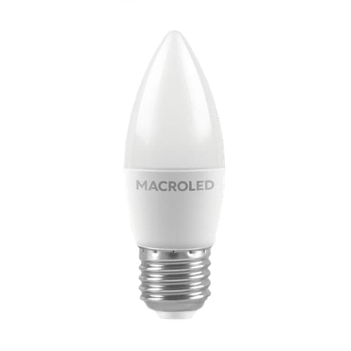 Imagen referencial de la serie: Foco LED tipo vela MACROLED C37-6-E27-CW · 6W C37 E27 180-240VAC luz fría 6500K