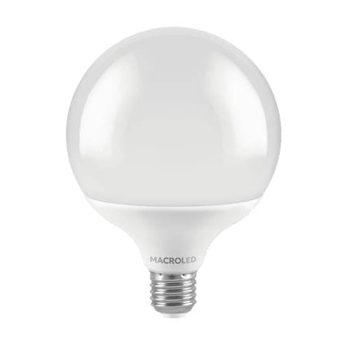 Imagen referencial de la serie: Foco LED tipo globo MACROLED G120-18-E27-CW · 18W E27 180-240VAC luz fría 6000K