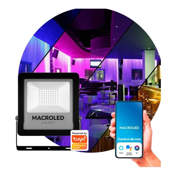 Imagen referencial de la serie: Reflector LED pro smart MACROLED SMA-FLSV2-20RGBWW · 20W 100-240VAC RGB+WW IK08 IP65