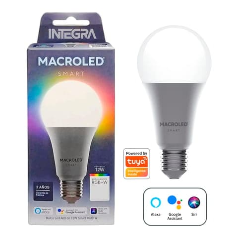 Foco LED smart MACROLED SBT-A60-12W-RGB · A60 12W - E27 100-240VAC - WIFI+BLUETOOTH - RGB+BLANCOS