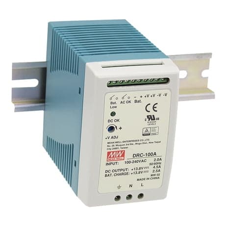 Fuente de alimentación para riel DIN MEAN WELL DRC-100B · 96.6W CH1 27.6V2.25A CH2 27.6V 1.25A