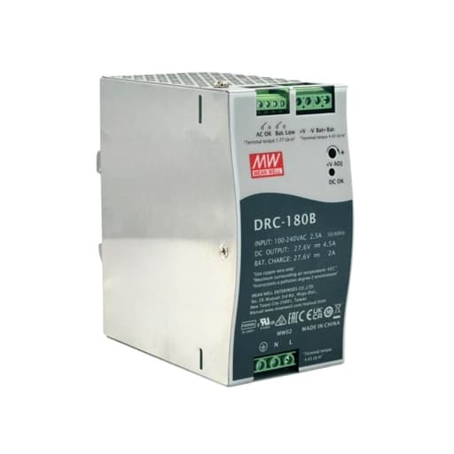 Fuente de alimentación para riel DIN MEAN WELL DRC-180B · 180W 27.6VDC 4.5A con función UPS (PFC)