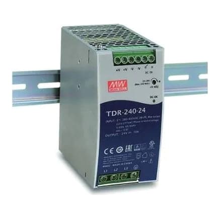 Fuente de alimentación para riel DIN MEAN WELL TDR-240-24 · 240W 24VDC 10A · entrada trifásica 340–550VAC