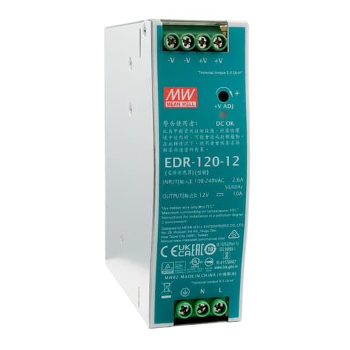 Fuente de alimentación para riel DIN MEAN WELL EDR-120-12 · 120W 12VDC 10A EN55022 class A