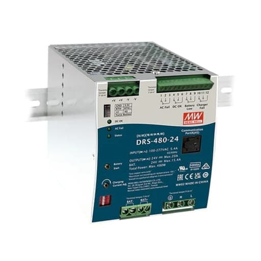 Fuente de alimentación para riel DIN MEAN WELL DRS-480-24 · 480W 24V 0-20A DIN rail All-In-One