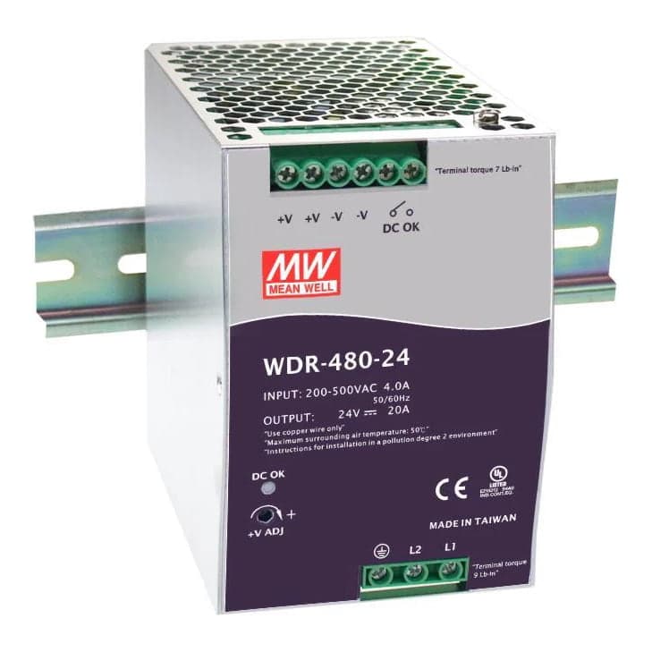 Fuente de alimentación para riel DIN MEAN WELL WDR-480-24 · 480W 24VDC 20A · entrada 180–550VAC