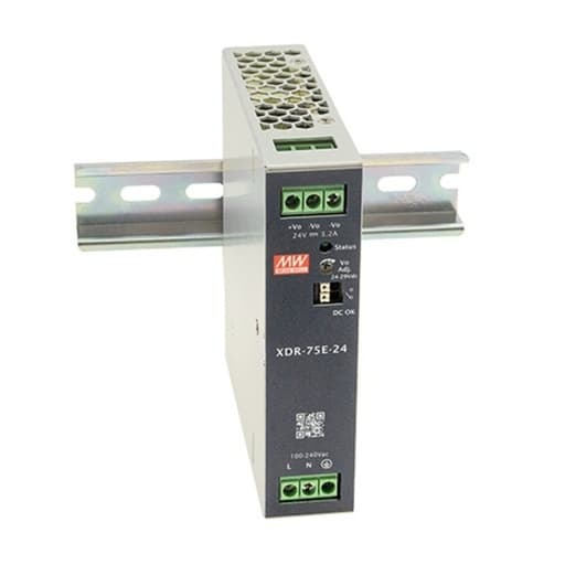 Fuente de alimentación para riel DIN MEAN WELL XDR-75E-48 · 75W 48VDC 1.56A in 85-264VAC (Serie E)