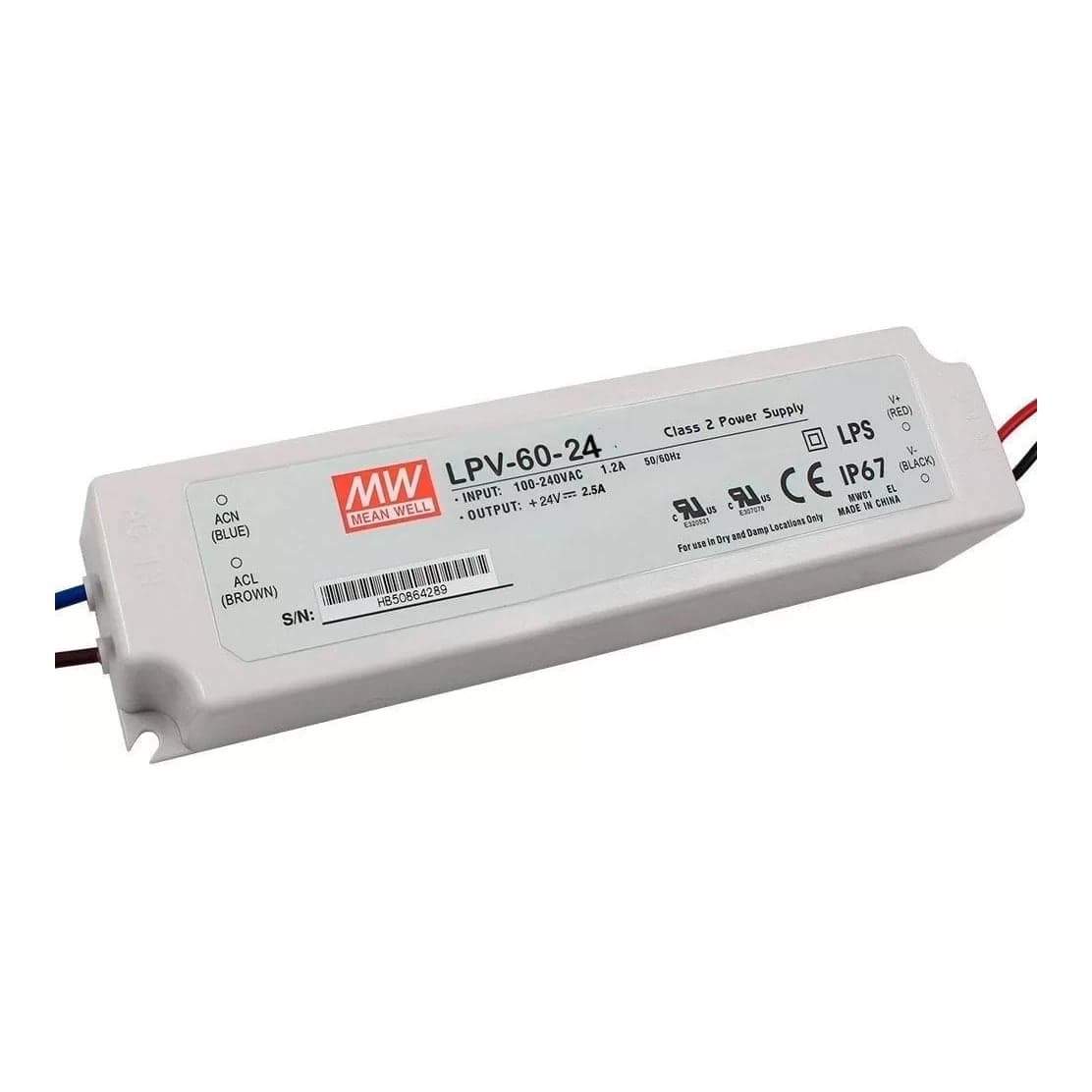 Fuente de alimentación para LED MEAN WELL LPV-60-24 · 60W 24VDC 2.5A · IP67