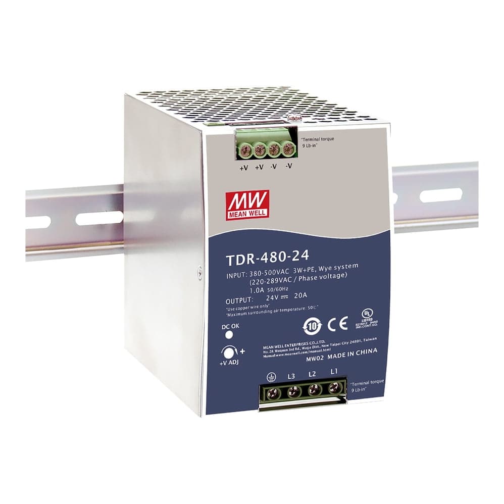 Fuente de alimentación para riel DIN MEAN WELL TDR-480-24 · 480W 24VDC 20A · entrada trifásica 340–550VAC