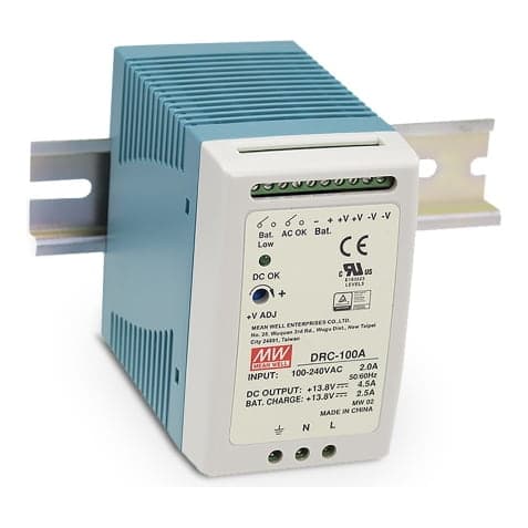 Fuente de alimentación para riel DIN MEAN WELL DRC-100A · 96.6W CH1 13.8V 4.5A CH2 13.8V 2.5A