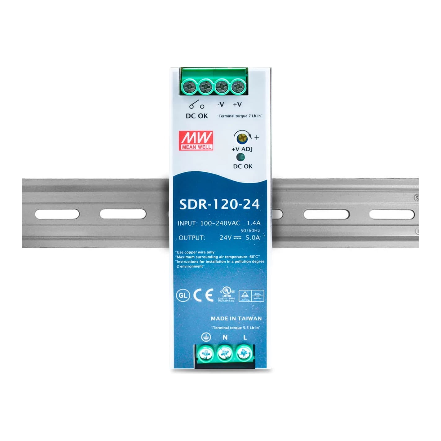 Fuente de alimentación para riel DIN MEAN WELL SDR-120-24 · 120W 24VDC 5A