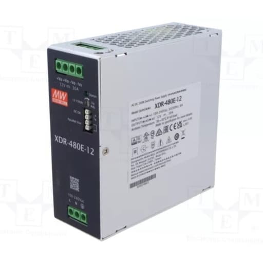 Fuente de alimentación para riel DIN MEAN WELL XDR-480E-12 · 480W 12VDC 40A in 85-264VAC (Serie E)