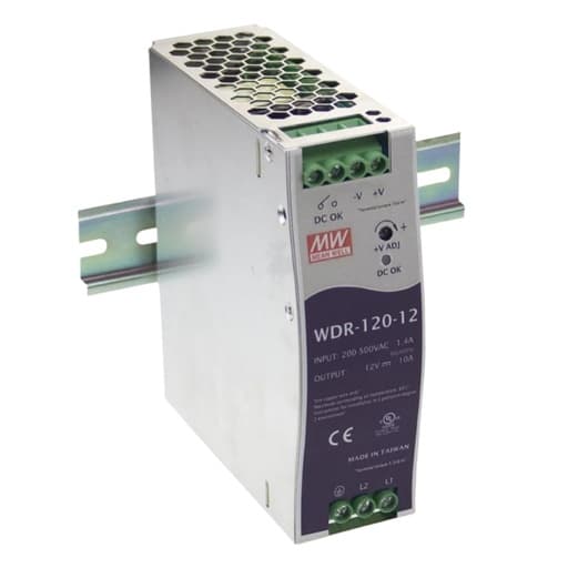 Fuente de alimentación para riel DIN MEAN WELL WDR-120-12 · wide range 120W 12VDC 10A in 180-550VAC