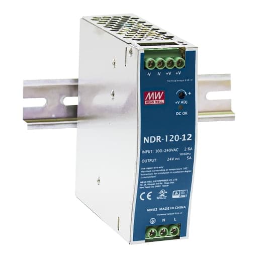 Fuente de alimentación para riel DIN MEAN WELL NDR-120-12 · 120W 12VDC 10A EN55022 class B