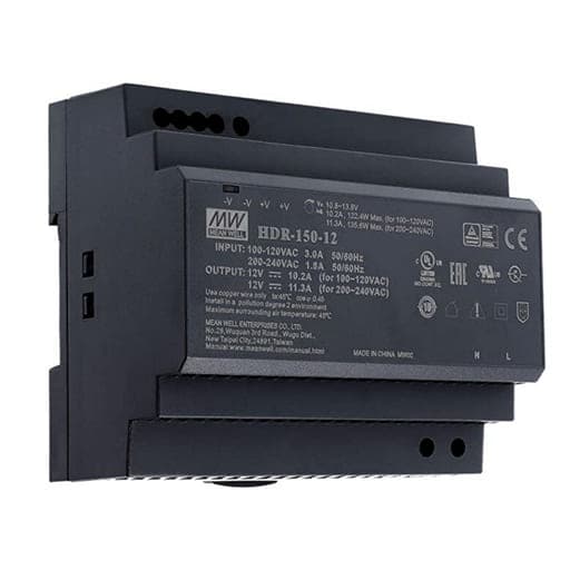 Fuente de alimentación para riel DIN MEAN WELL HDR-150-12 · ultra slim 150W 12VDC 12.5A in 85-264VAC