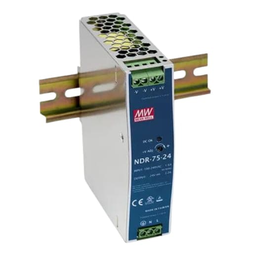 Fuente de alimentación para riel DIN MEAN WELL NDR-75-12 · 75W 12VDC 6.3A in 90-264VAC