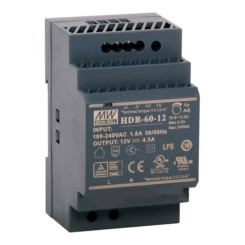 Fuente de alimentación para riel DIN MEAN WELL HDR-60-12 · 60W 12VDC 5A